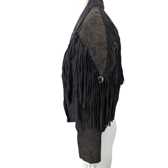 Vintage 80s Fringe Leather Jacket Western Womens Black Distressed - Picture 7 of 14